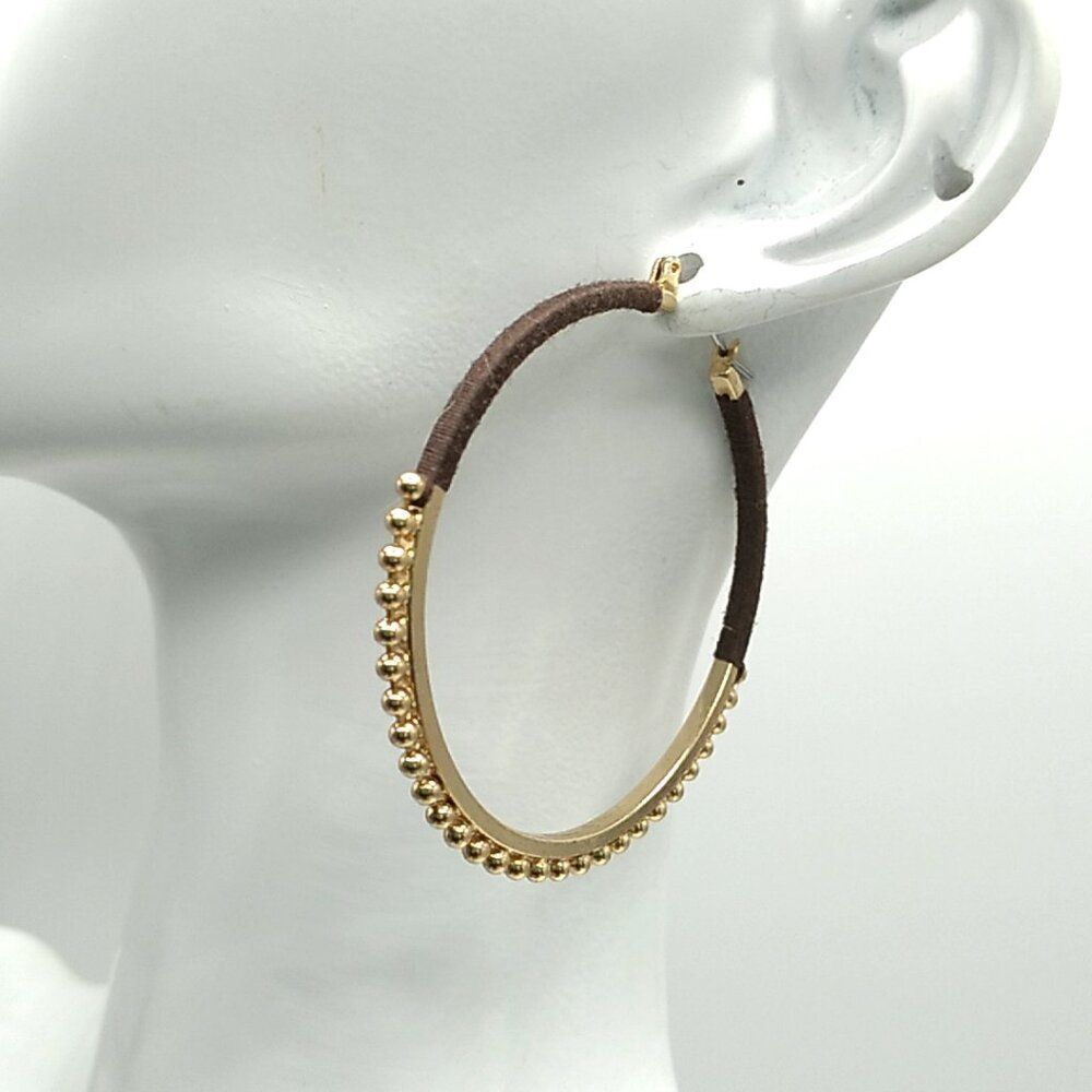 Large Gold-tone Beaded Brown Threaded Hoop Earrings NWOT